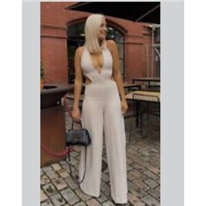 ZARA Backless Beige Halter Wide Leg Pant One-Piece Jumpsuit Size XS NEW
